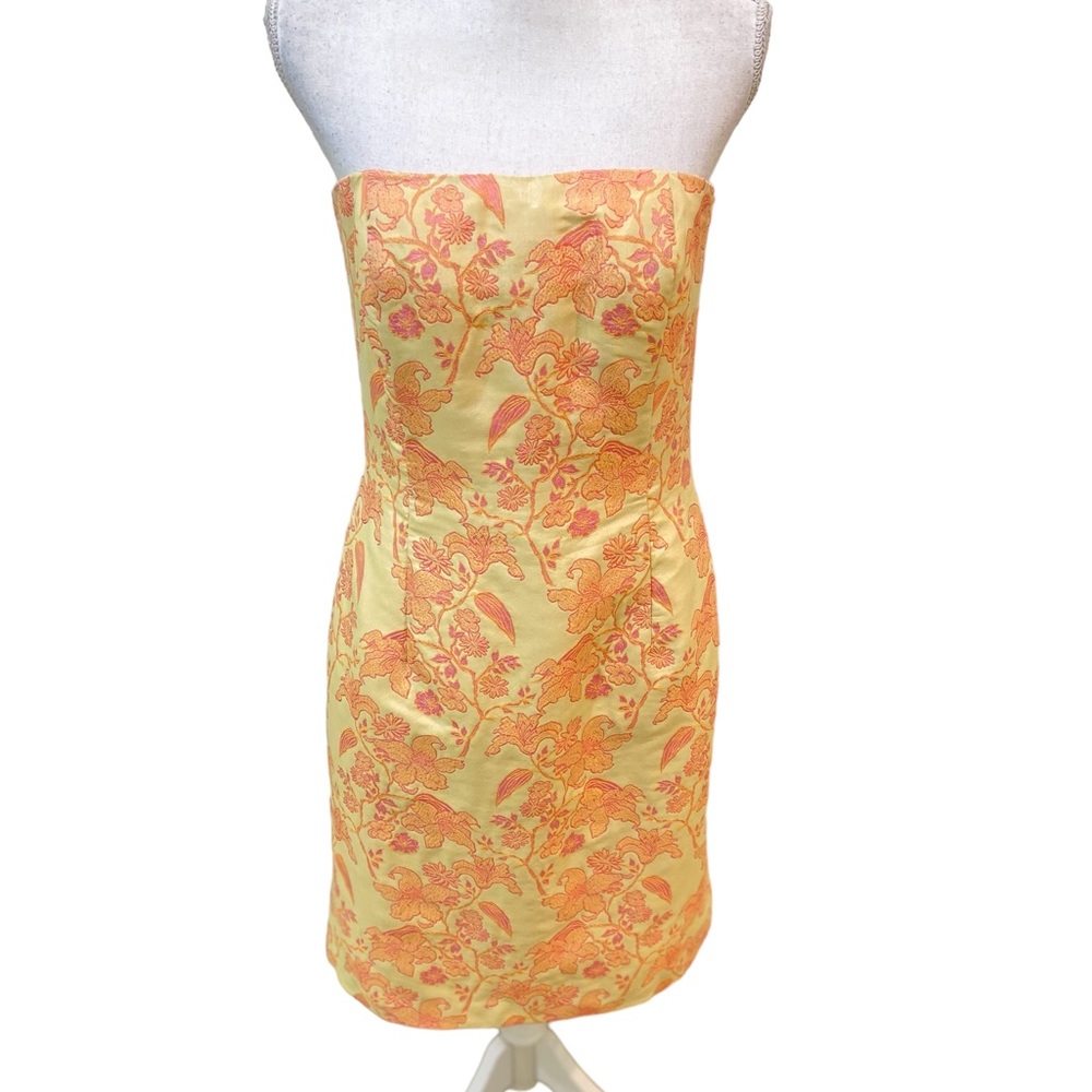 Carmen Marc valvo corset strapless bodycon dress brocade pale yellow, pink